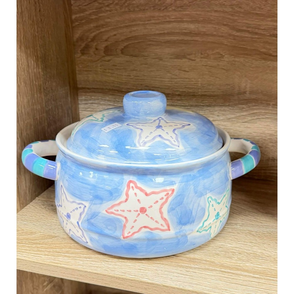 Emily West for Magnolia Starfish Ceramic Lidded Casserole Dish Blue Coastal Oven